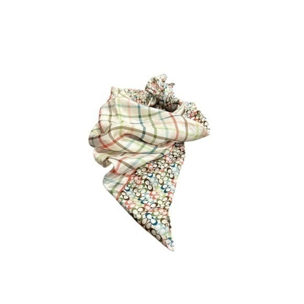 Coach Silk Square Scarf Multi Color Signature C Monogram Plaid Print 12x12